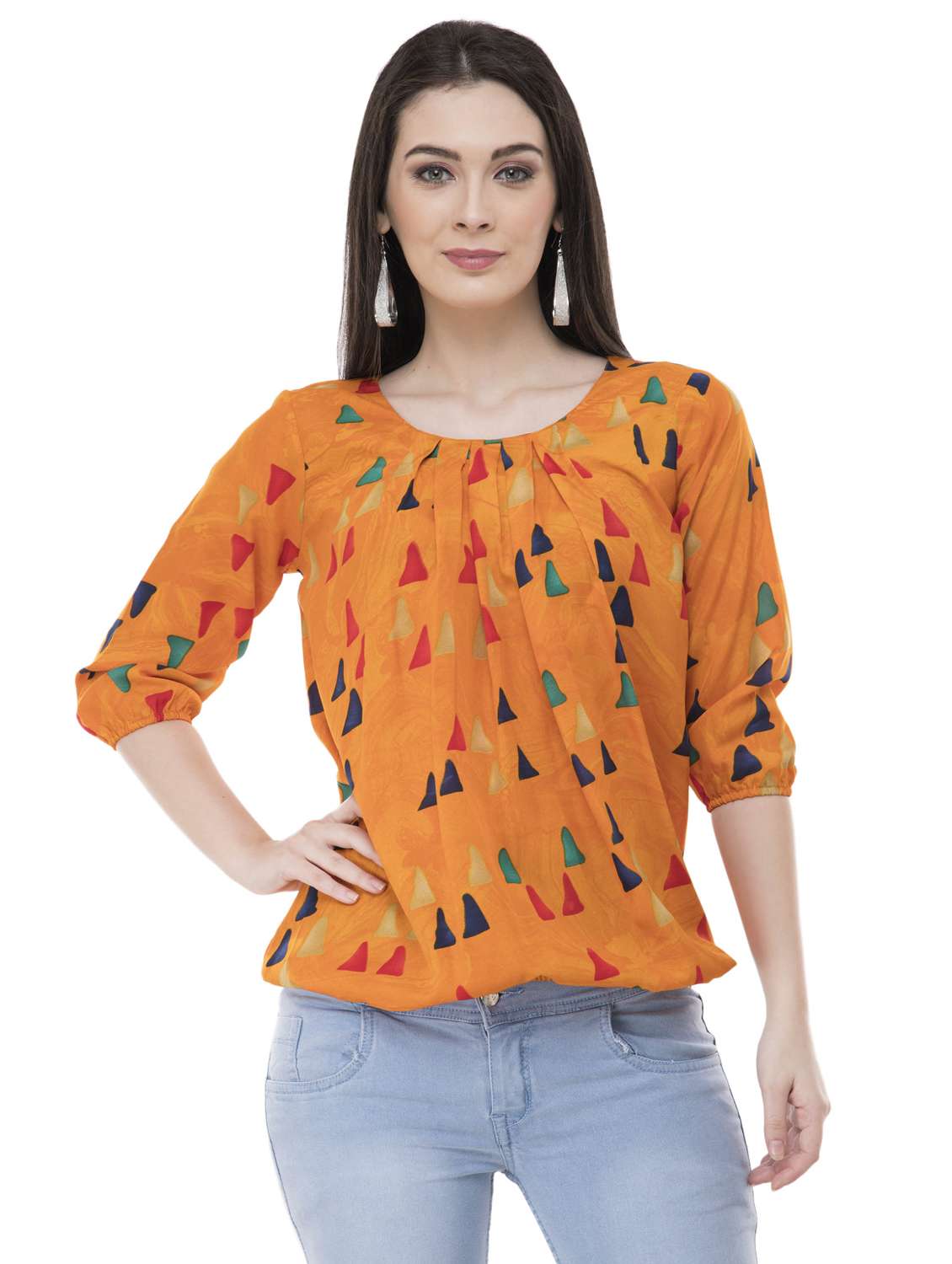 pleated neck geometric blouson top