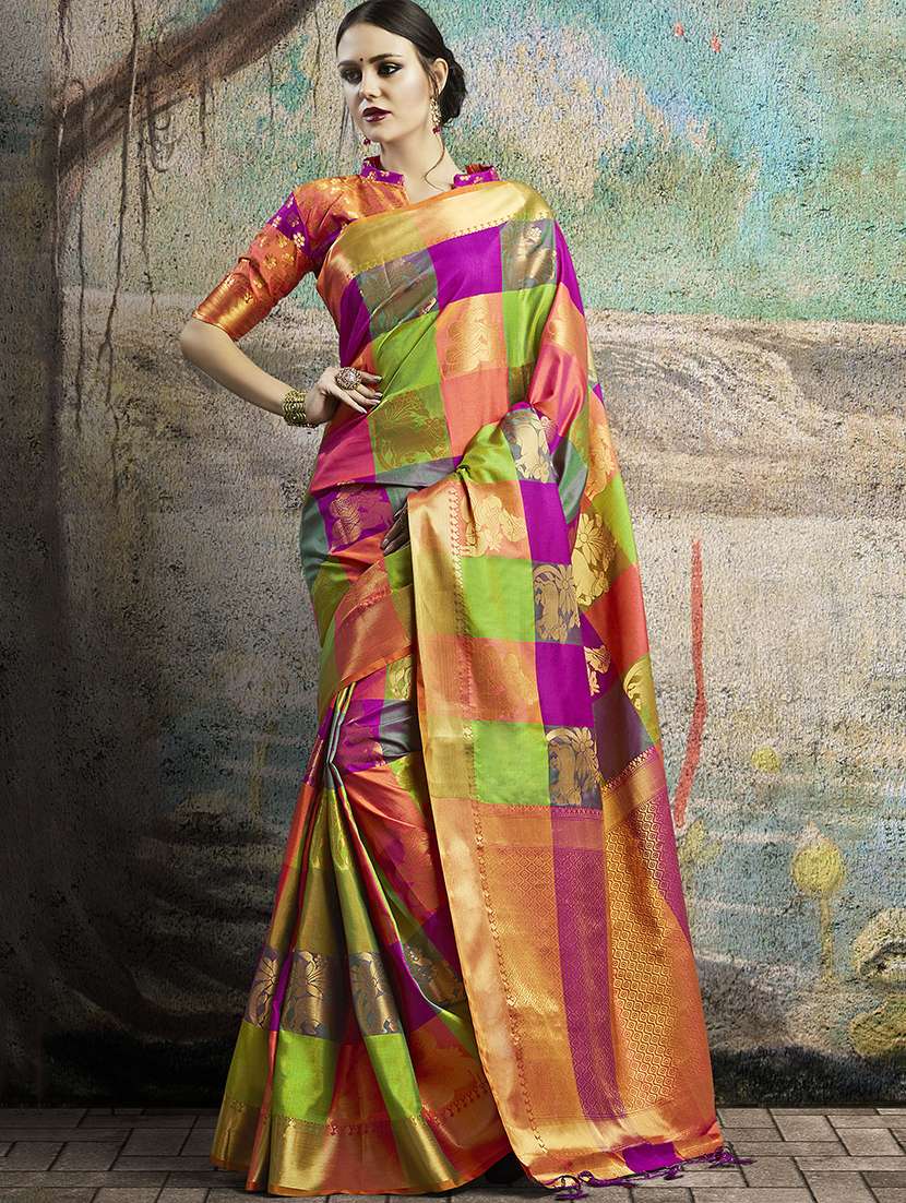 checkered zari motif banarasi saree with blouse