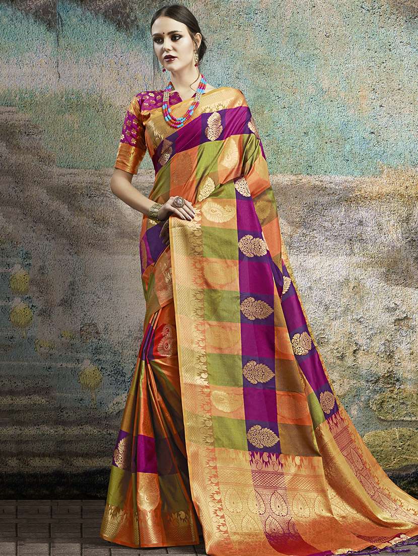 checkered zari motif banarasi saree with blouse
