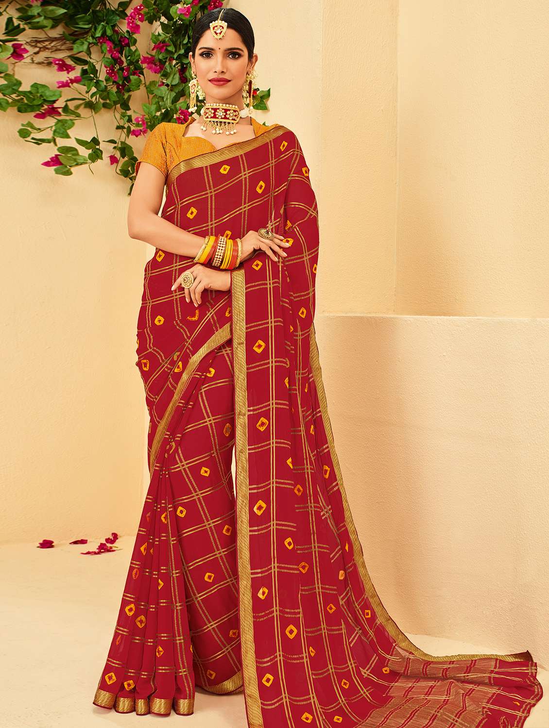 checkered zari motif bandhani saree with blouse