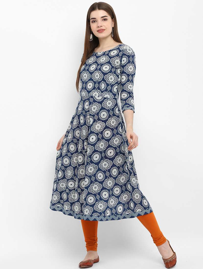 indigo printed a-line kurta