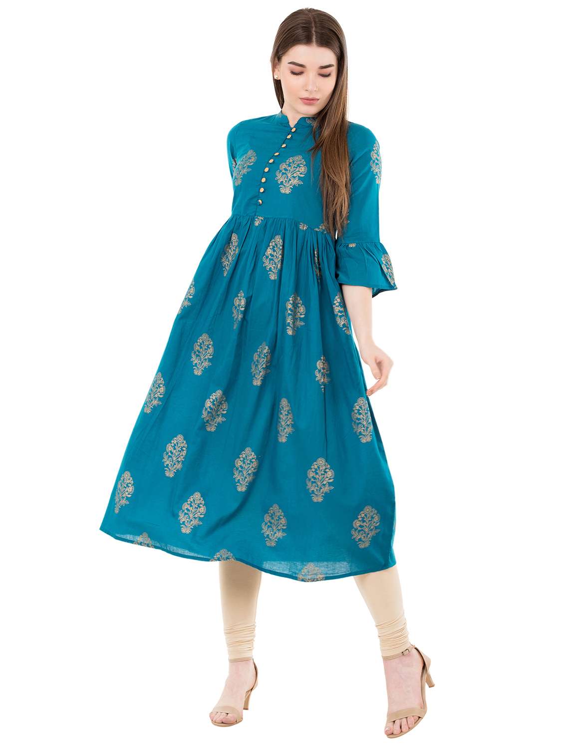 turquoise block print flared kurta