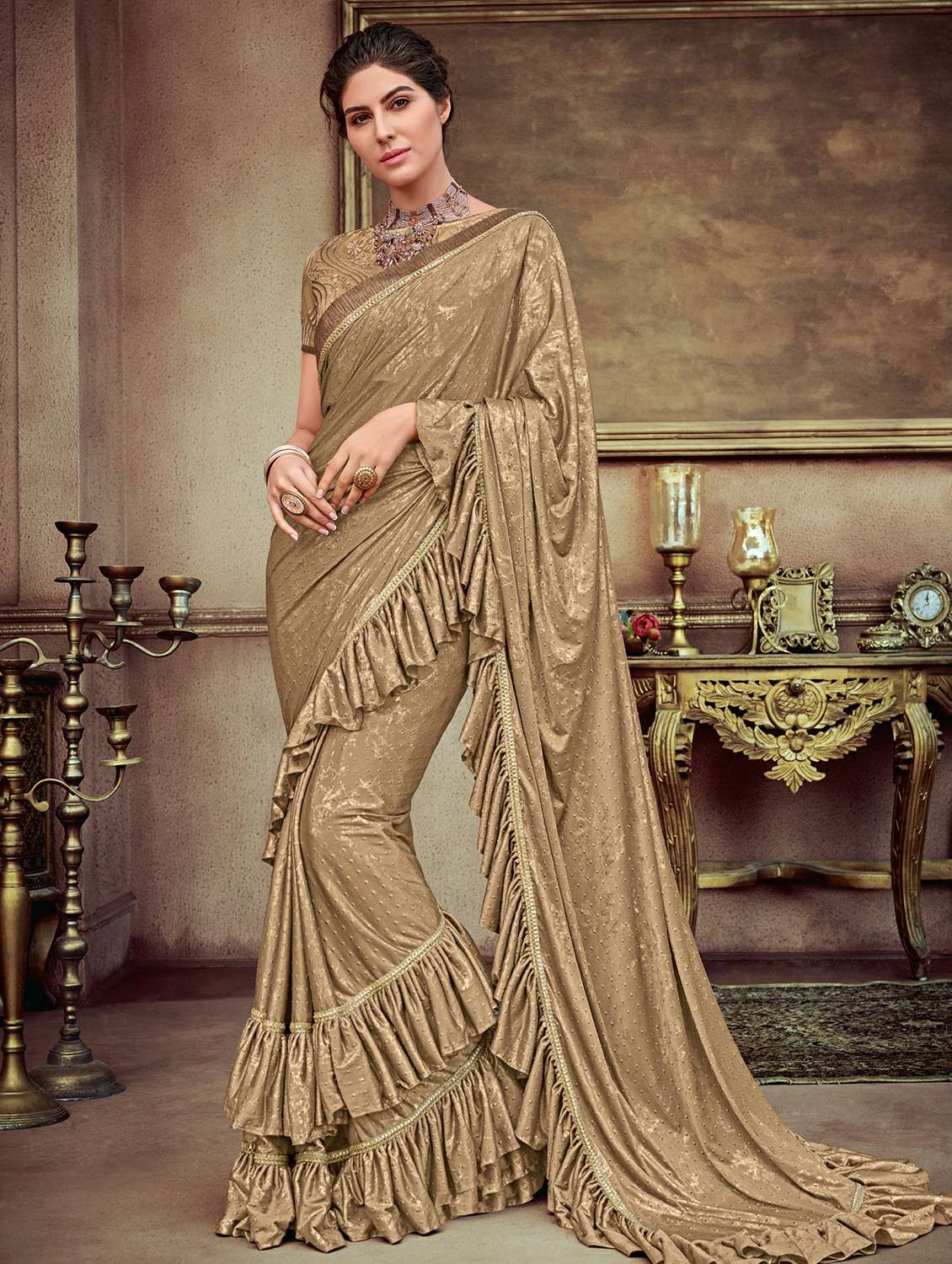 Self-design ruffled saree with blouse