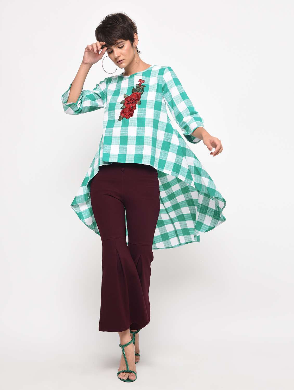 embroidered checkered high low tunic