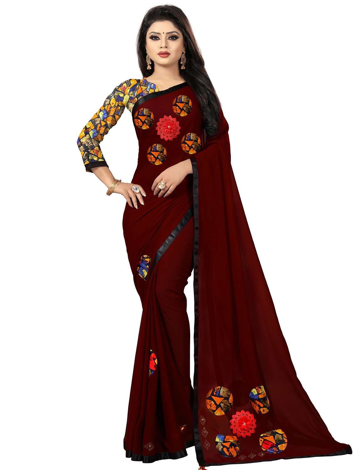 solid embroidered saree with blouse