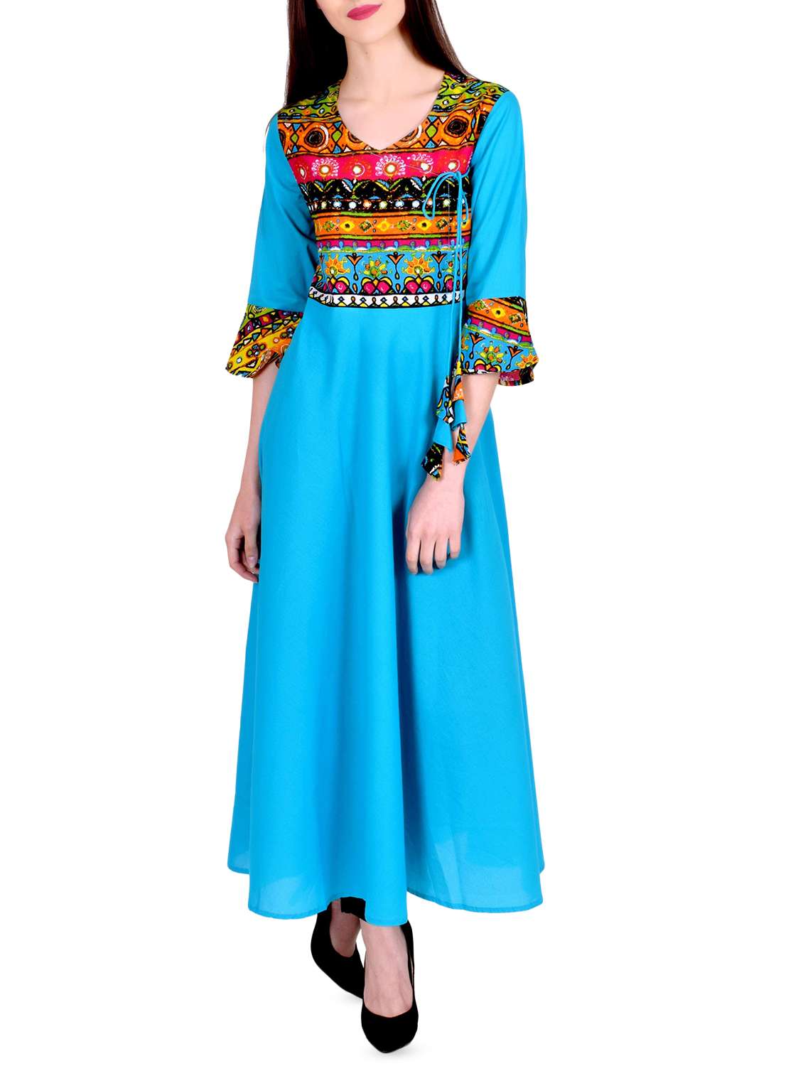 printed bell sleeves angrakha kurta