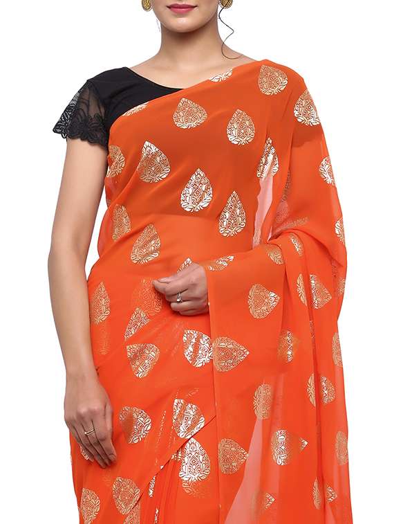 women's foil print orange colored saree with blouse - 16222479 -  Standard Image - 2