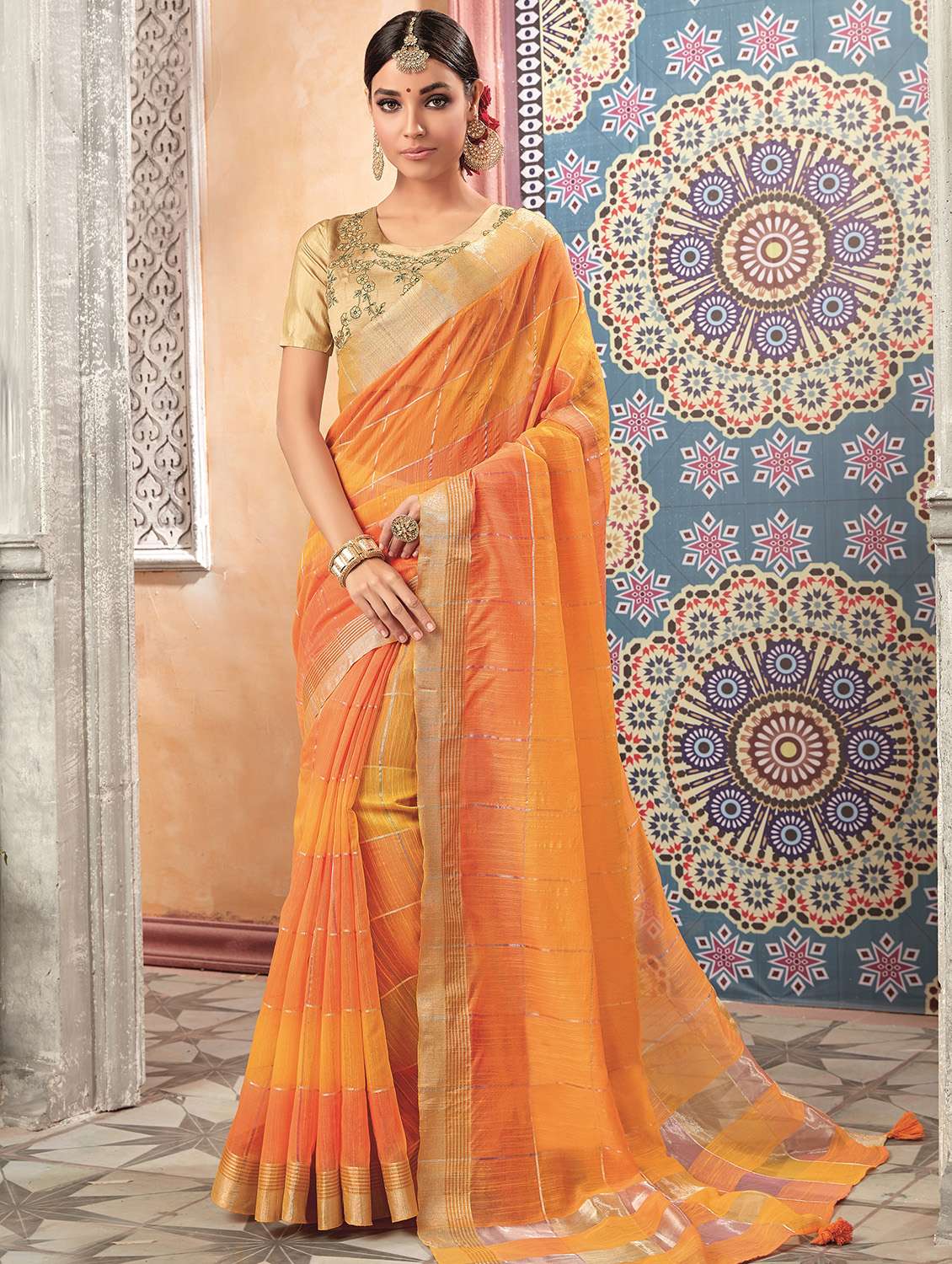 women's checks orange colored saree with blouse