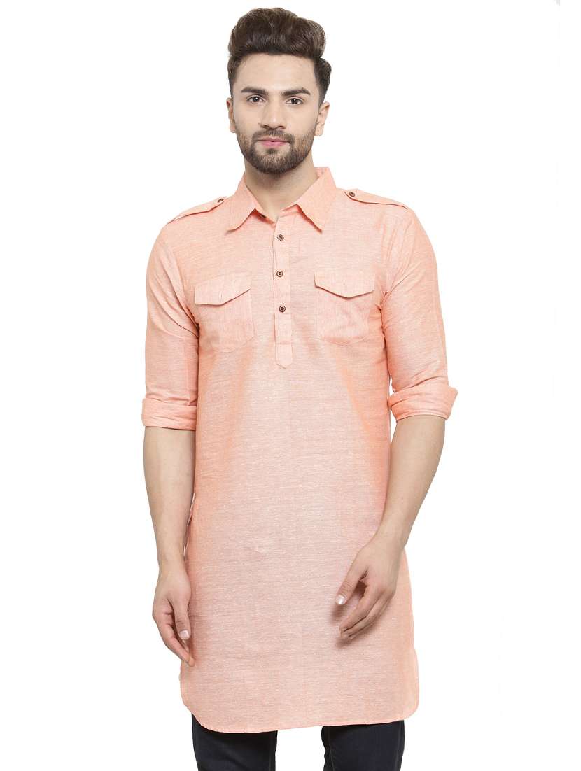 peach solid pathani kurta
