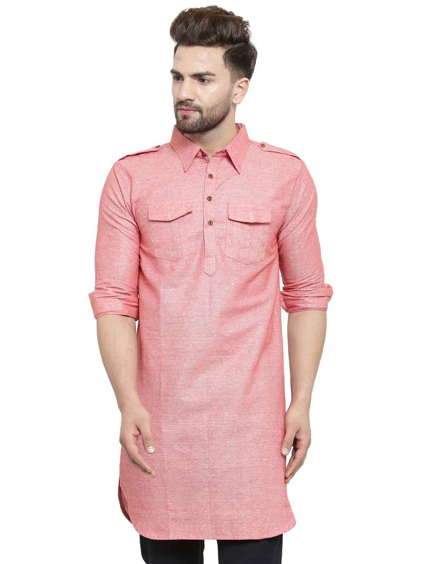 men solid long sleeve pathani kurta