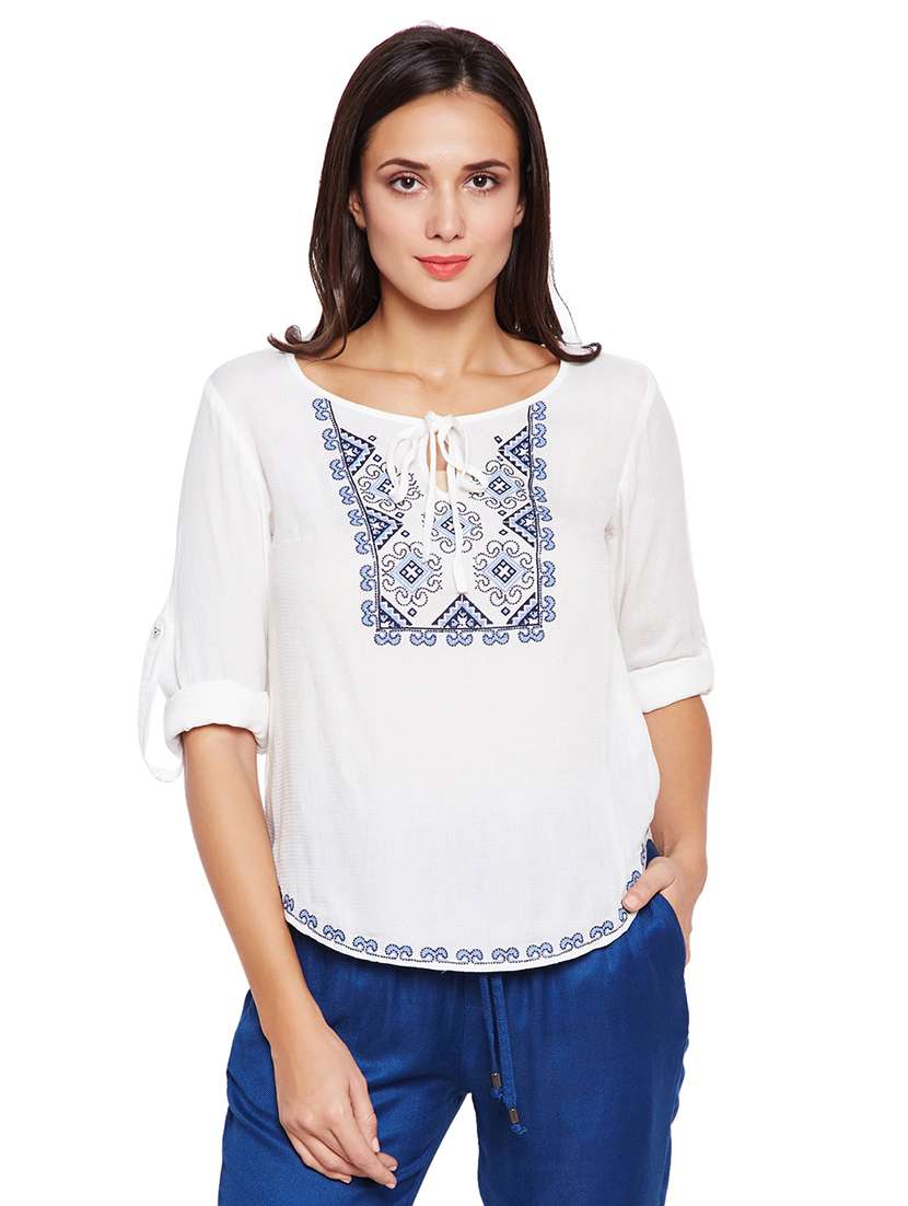 tie up neck embroidered top