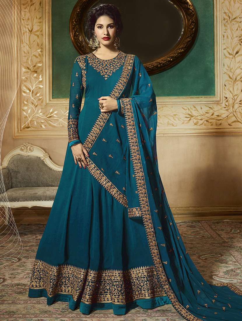 teal embroidered semi-stitched flared suit set