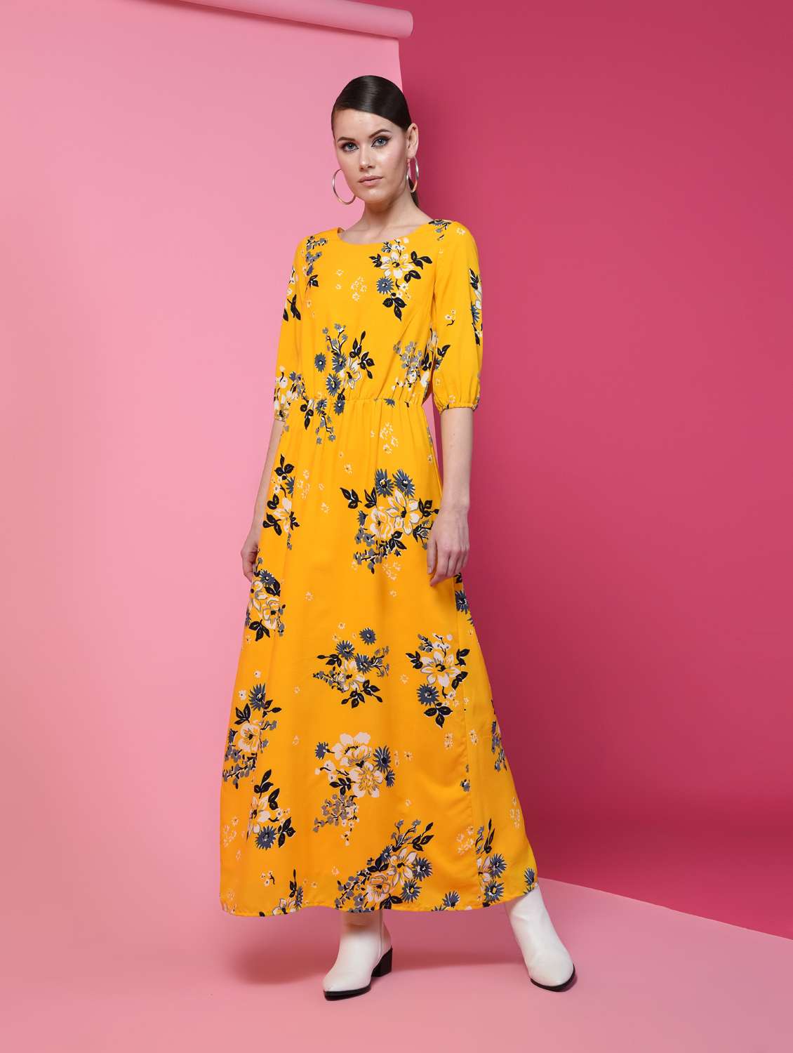 round neck floral maxi dress