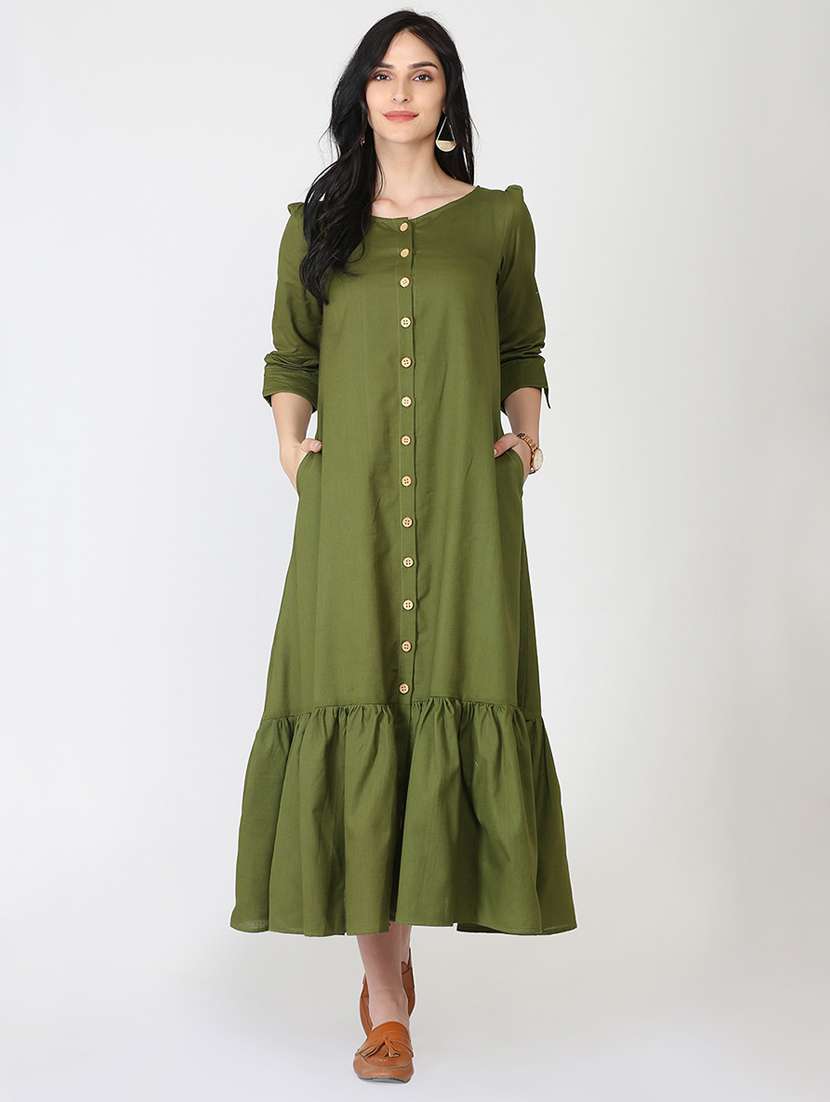 ruffled hem button detail a-line dress