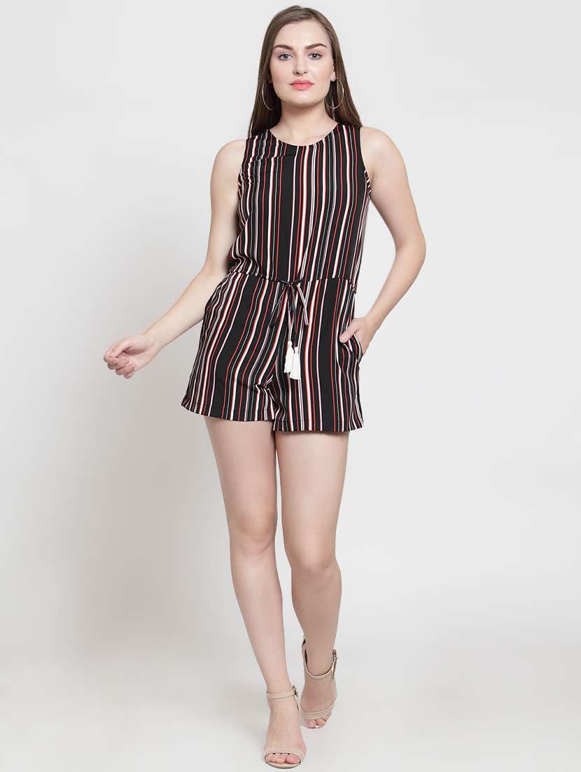tassel tie pocket detail striped romper
