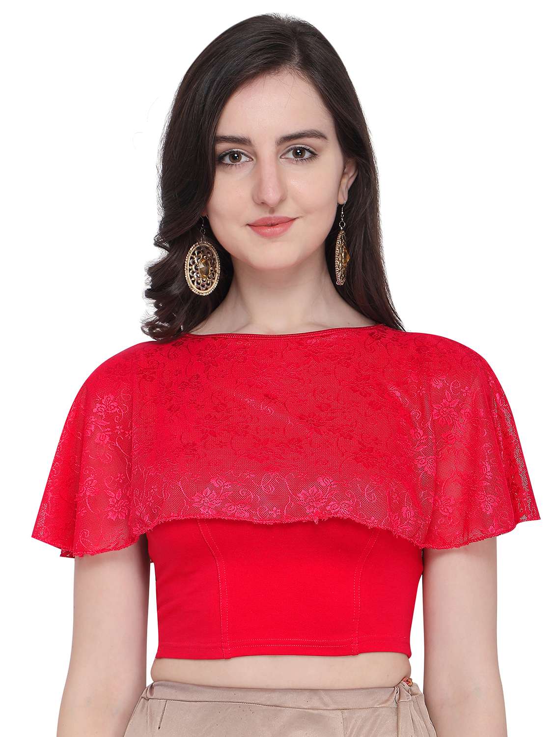 red cotton blend solid blouse