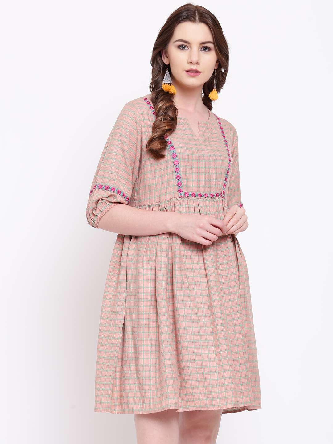 gathered checkered a-line dress