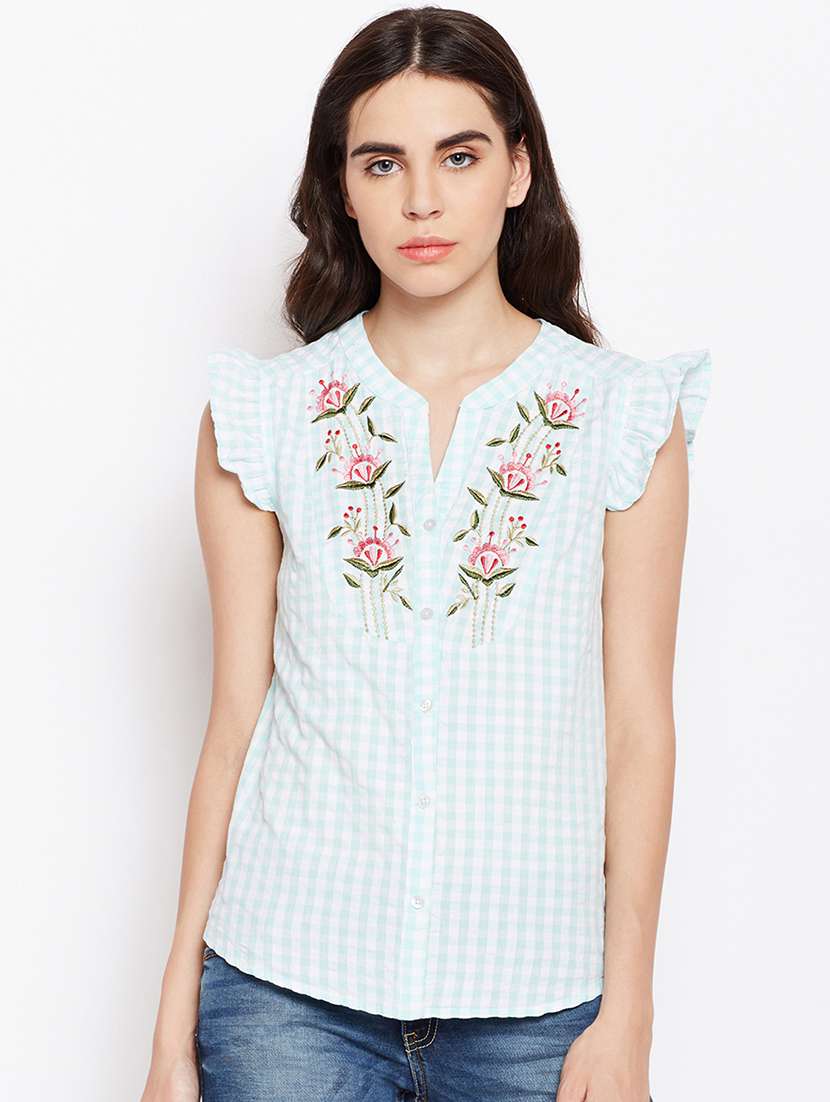checkered embroidered ruffle trim shirt