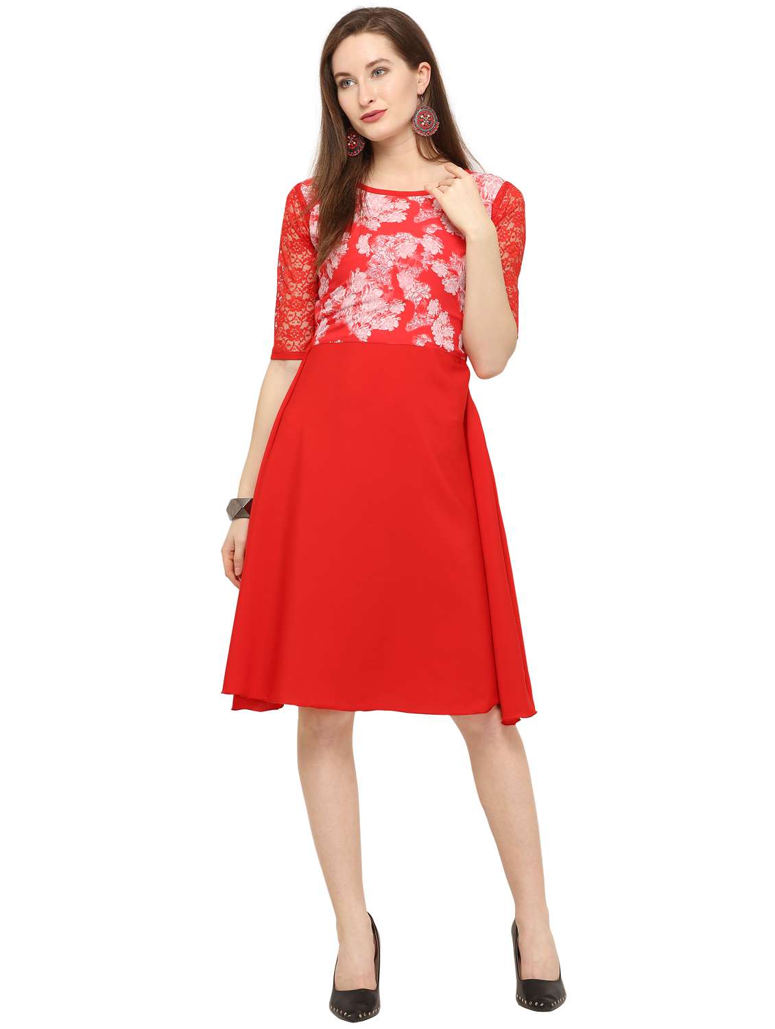  lace sleeved floral a line dress