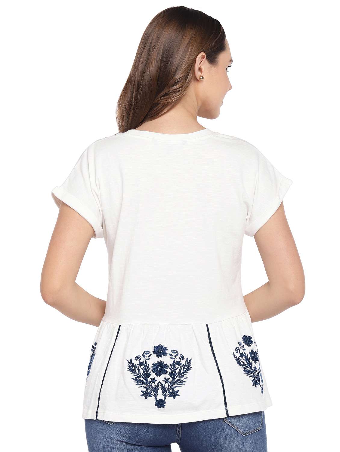 turn up sleeved embroidered top - 16279630 - Standard Image - 2