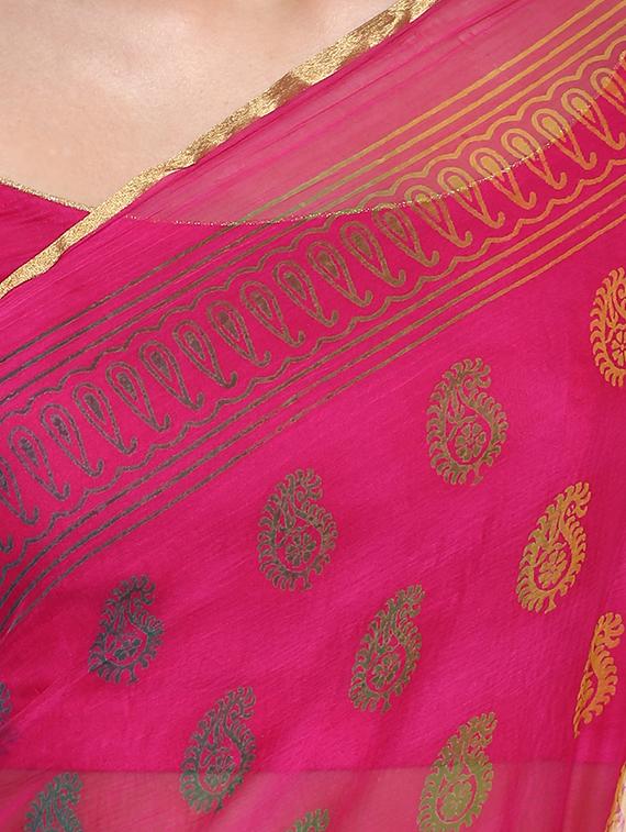 paisley block printed saree with blouse - 16282453 - Standard Image - 2