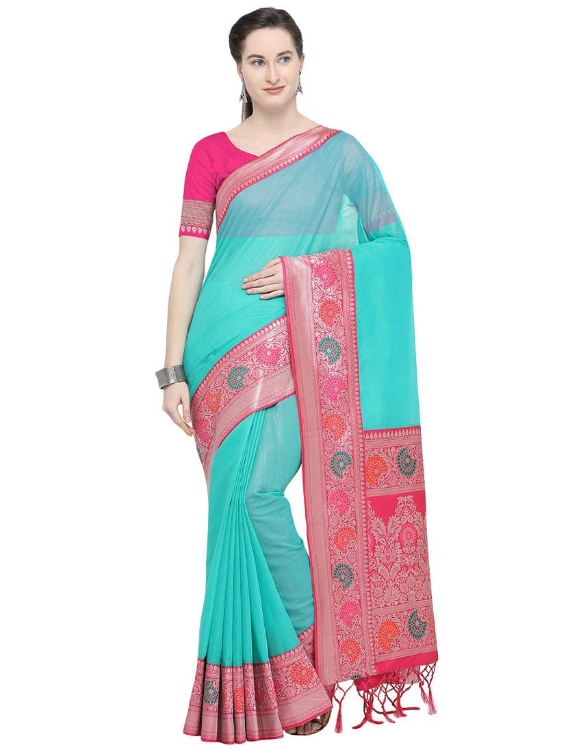 turquoise cotton silk banarasi saree with blouse