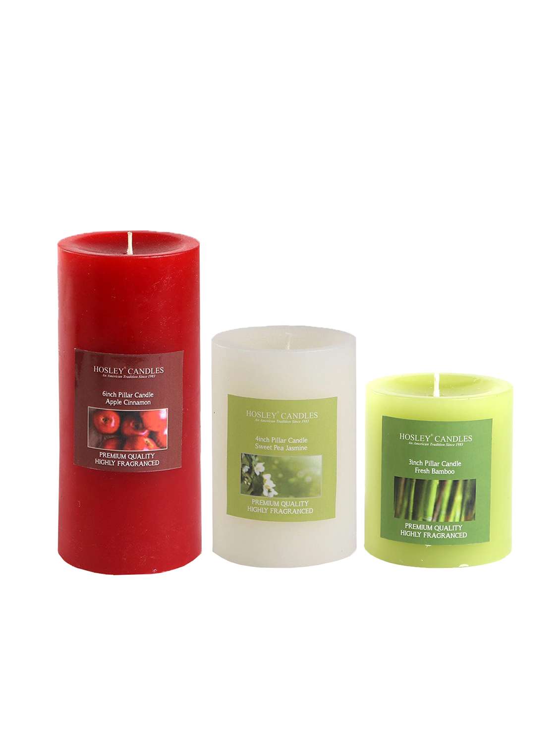 hosley set 3 decorative multicolor highly fragranced pillar candle|apple cinamon| sweet pea jasmine| fresh bamboo