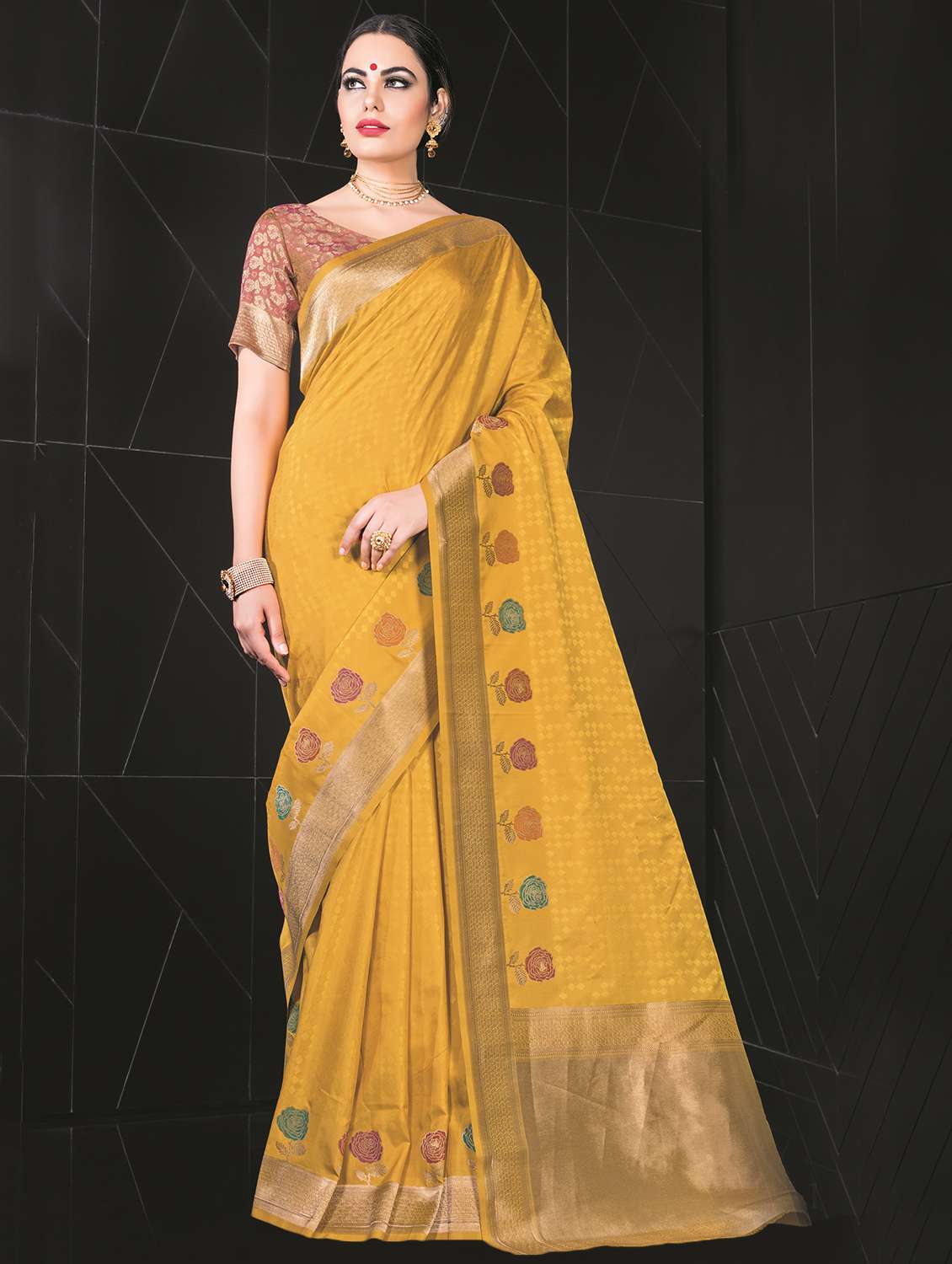 women's self design yellow colored saree