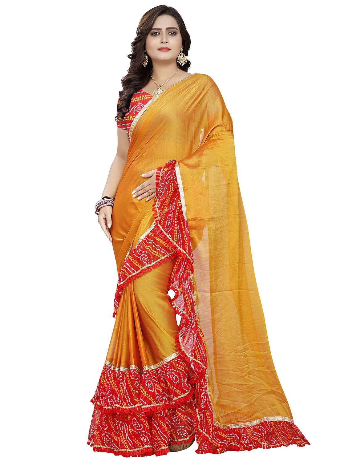 bandhani ruffle border saree with blouse