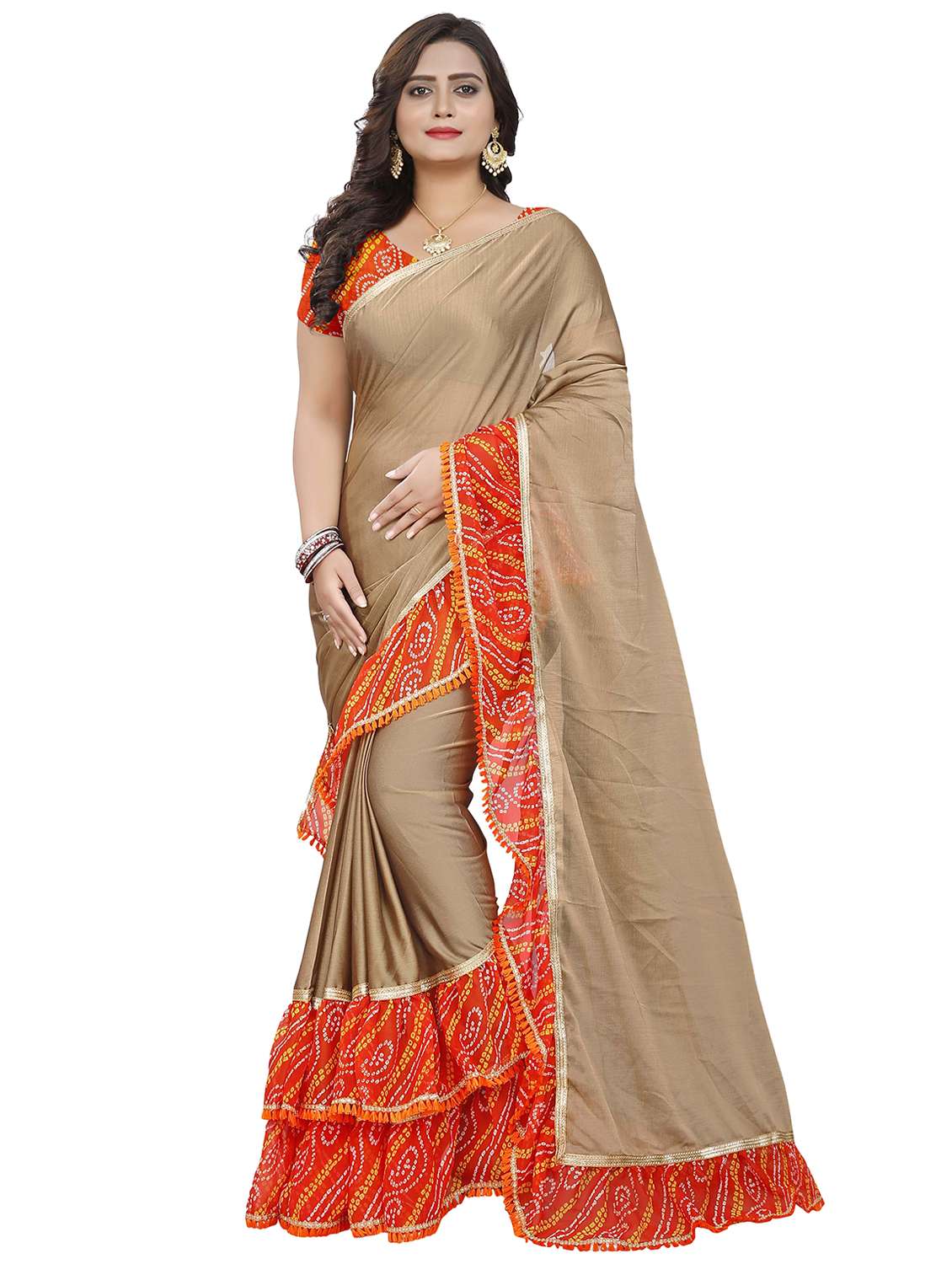 women's bandhani beige colored saree with blouse