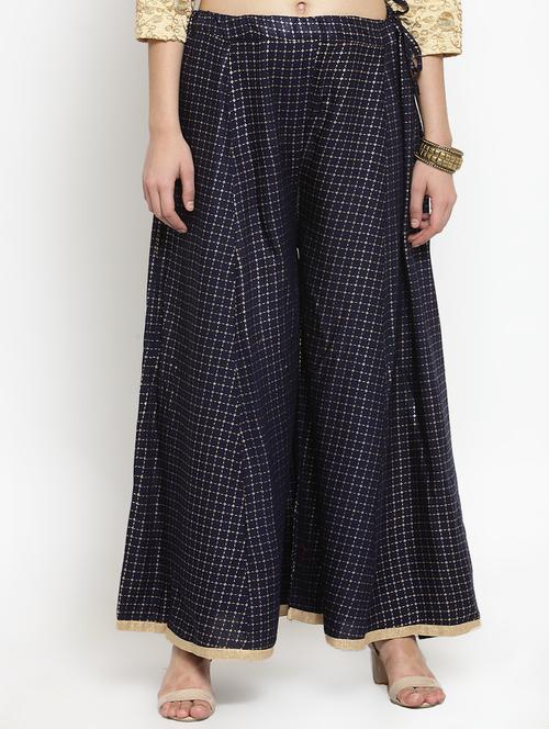 navy blue foil print flared palazzo - 16304973 - Standard Image - 0