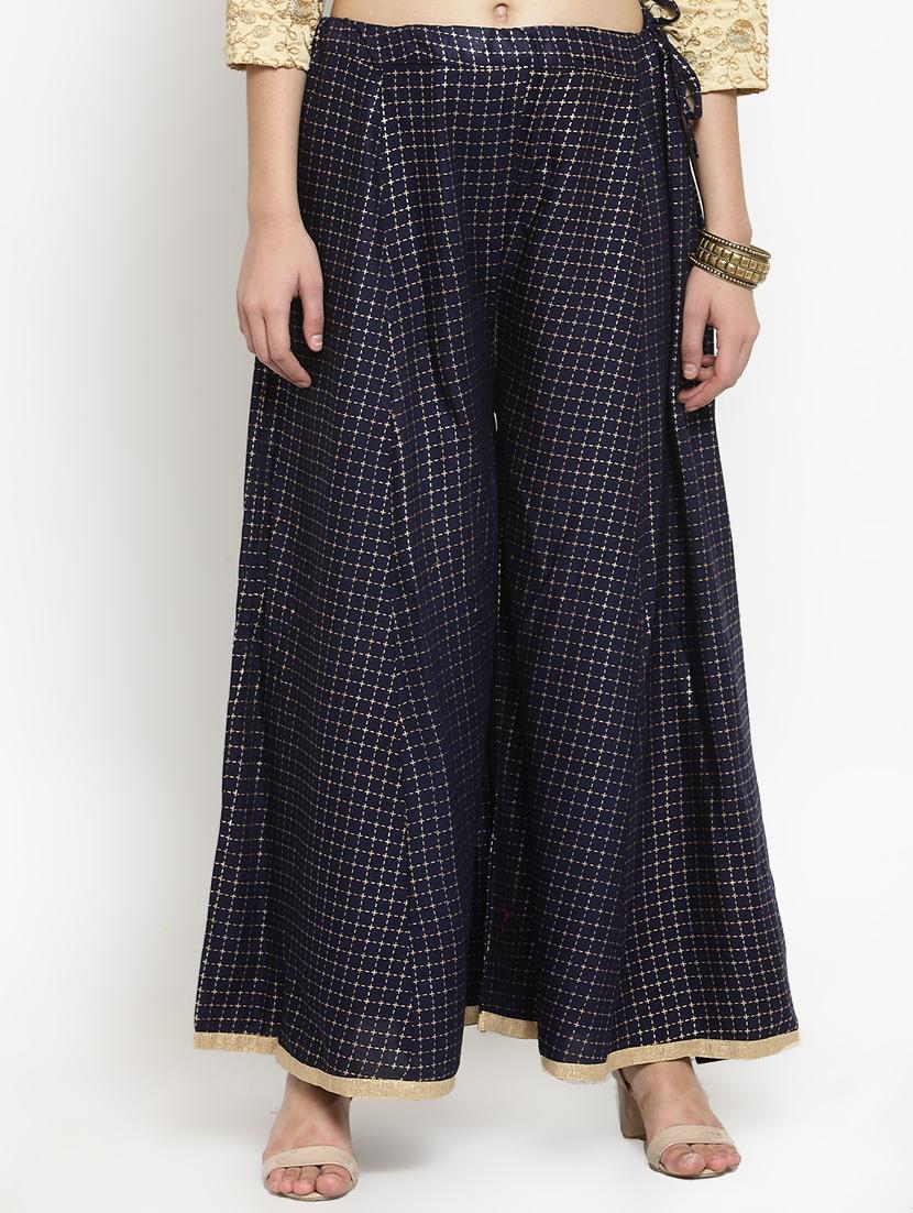 navy blue foil print flared palazzo - 16304973 - Zoom Image - 0