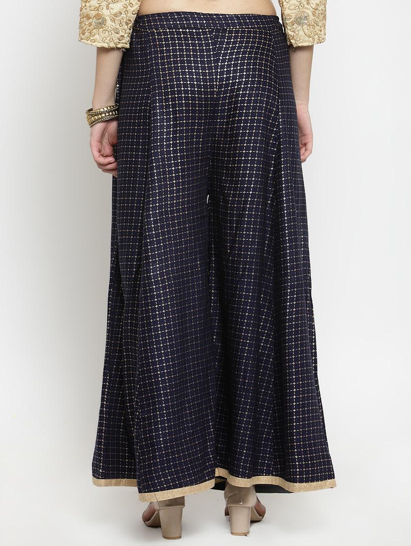navy blue foil print flared palazzo - 16304973 - Standard Image - 2