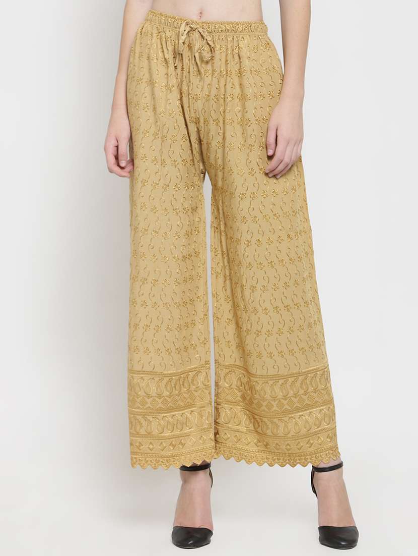 beige embroidered straight palazzo