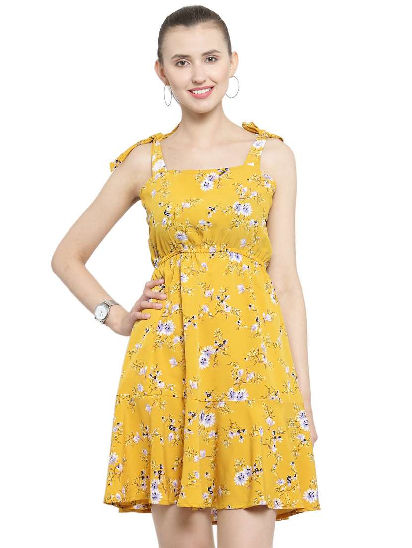 tie up shoulder floral a-line dress