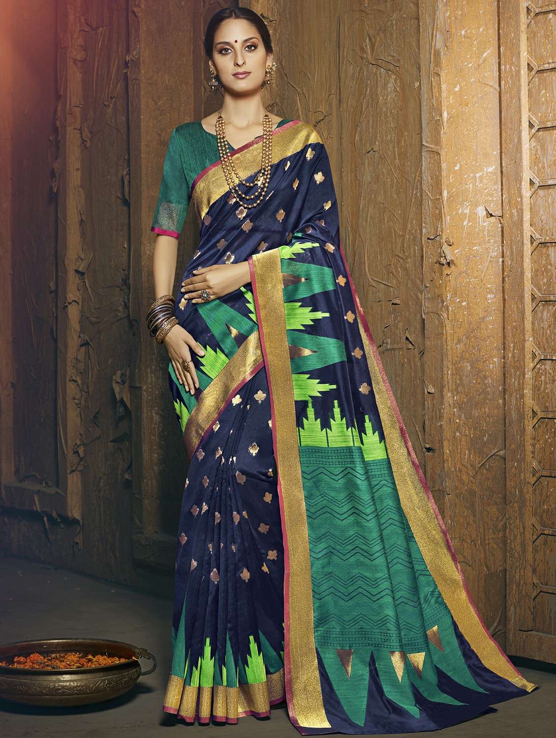 women's self design navy blue colored saree with blouse