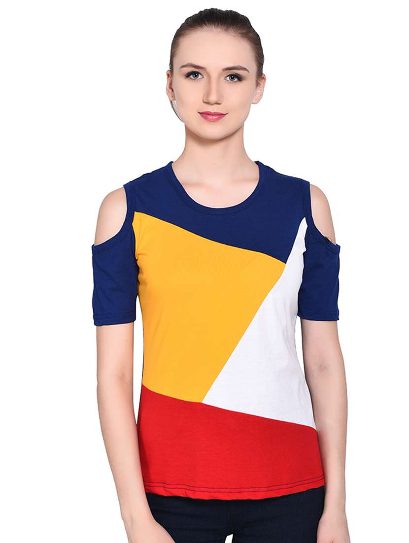 color block cold shoulder top - 16331315 -  Zoom Image - 0
