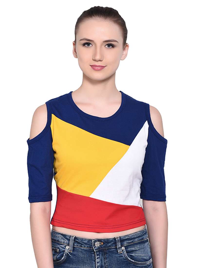 color block cold shoulder top - 16331420 - Zoom Image - 0