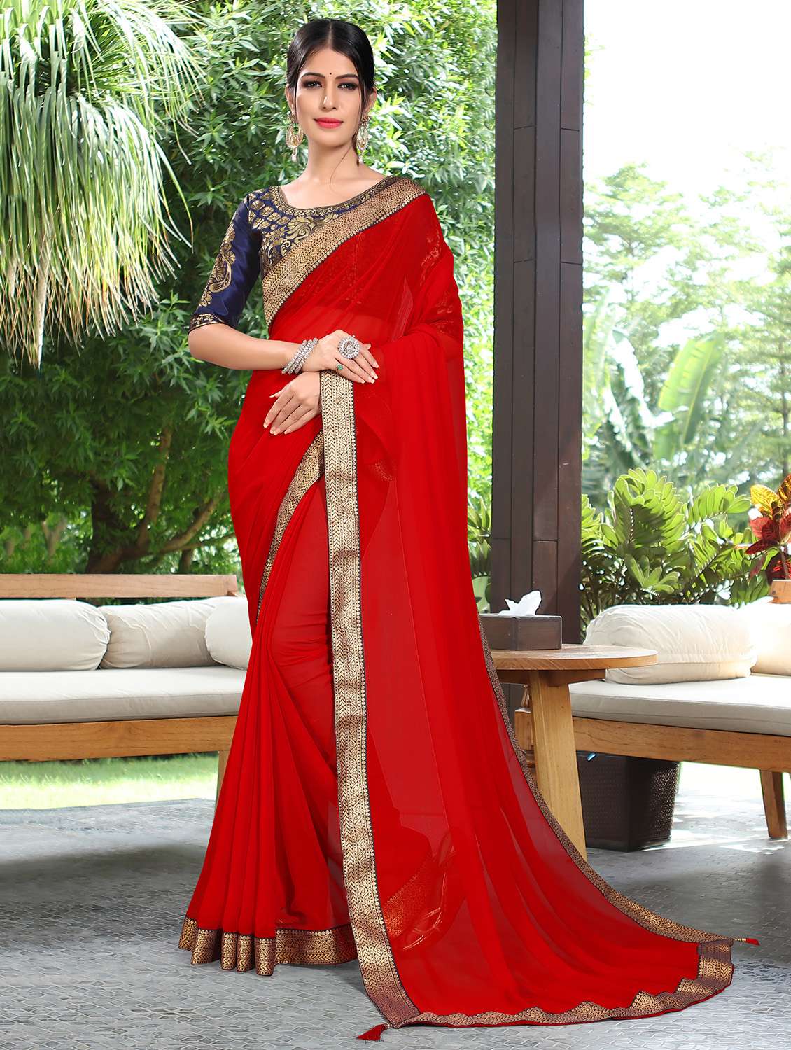 solid lace border saree with blouse