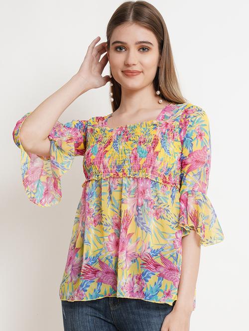 women floral print smocked detail bell sleeved top - 16335306 - Standard Image - 0