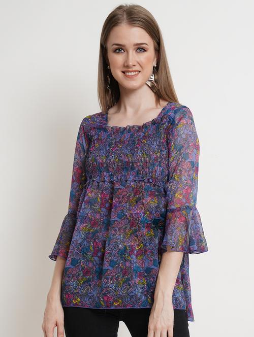 women floral print smocked detail bell sleeved top - 16335308 - Standard Image - 0