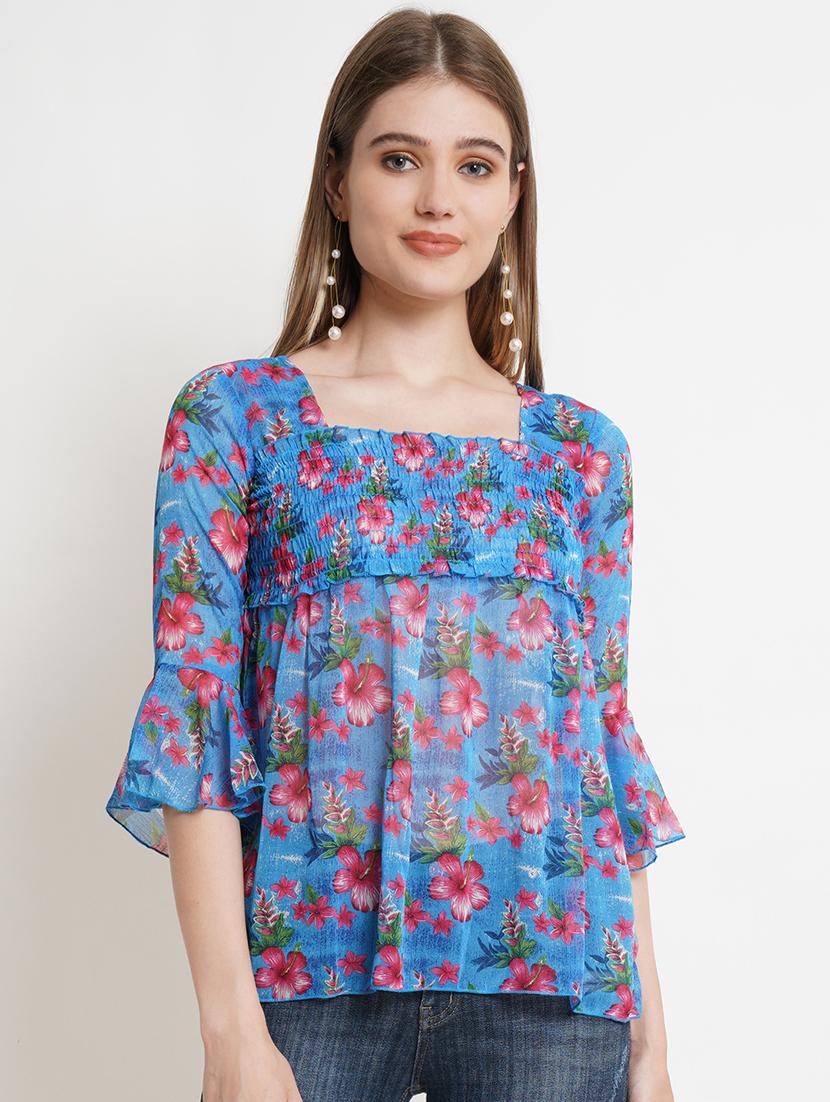 women floral print smocked detail bell sleeved top - 16335309 - Zoom Image - 0