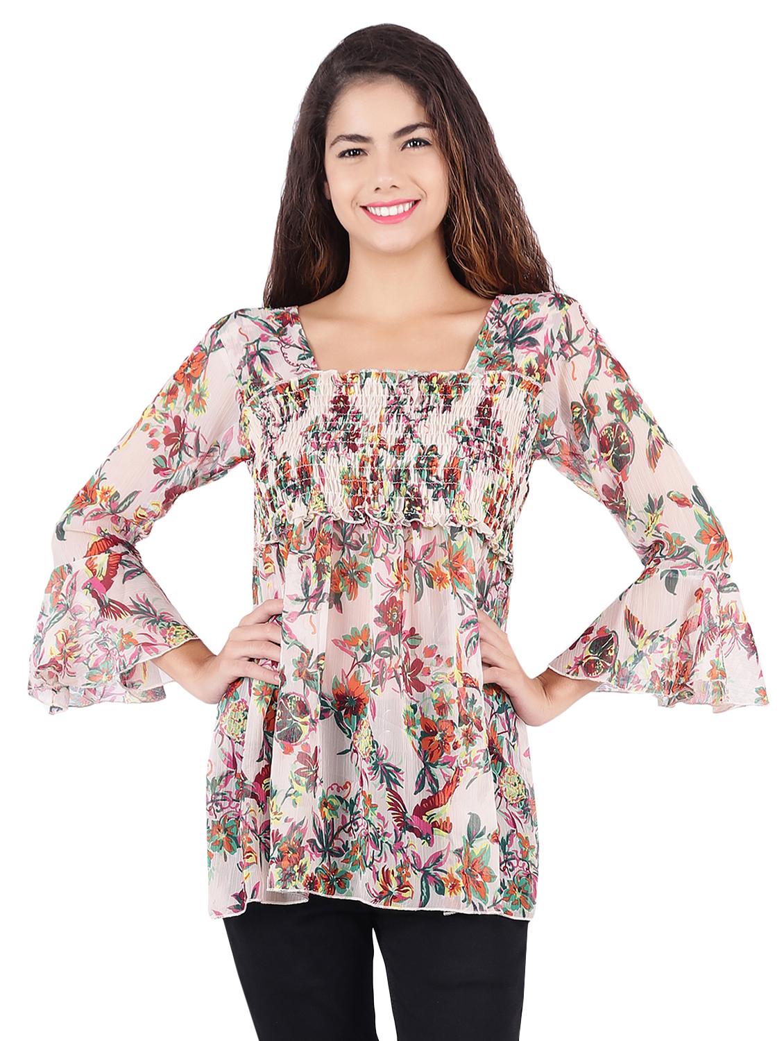 women floral print smocked detail bell sleeved top - 16335310 -  Zoom Image - 0