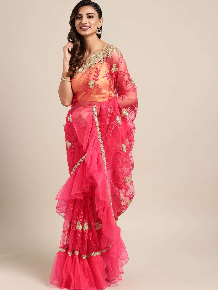 pastel embroidered ruffle saree with blouse
