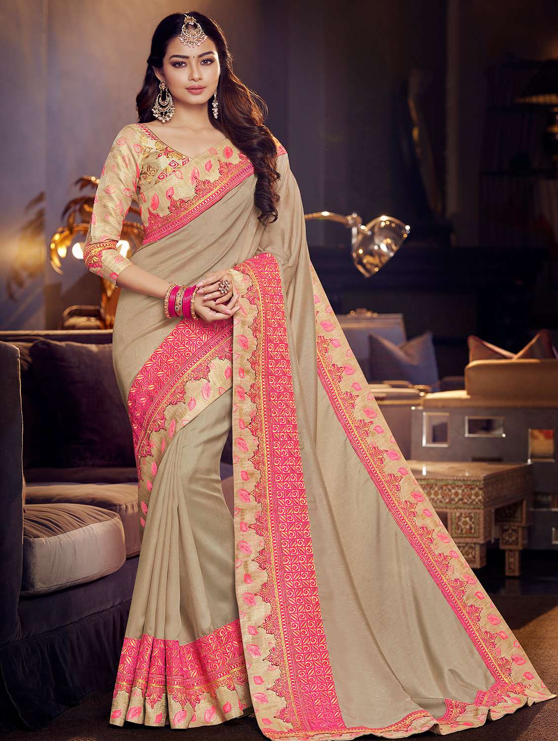 contrast border embroidered saree with blouse