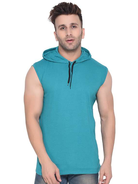 blue solid hooded t-shirt