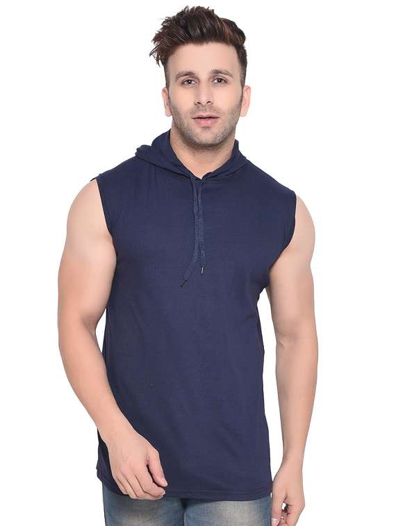 navy blue solid hooded t-shirt