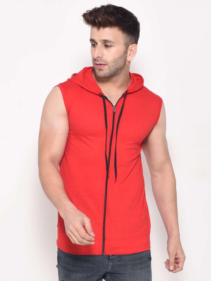 men red slim fit sleeveless hooded t-shirt
