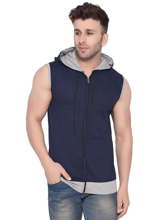 dark blue cut & sew hooded t-shirt