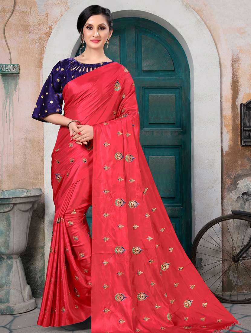 red silk blend embroidered saree with blouse
